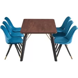 7 Pieces Life Interiors Sofia Cosmo Dining Set - a Rectangular Walnut Dining Table and Set of 6 Blue Dining Chairs - Blue