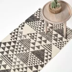 HOMESCAPES Delphi Black and White Geometric Style 100% Cotton Printed Rug, 66 x 200cm - Black