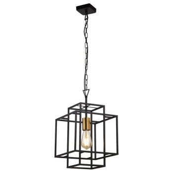 Searchlight CRATE - 1 Light Black Frame Cage Ceiling Pendant with Bronze Lampholder