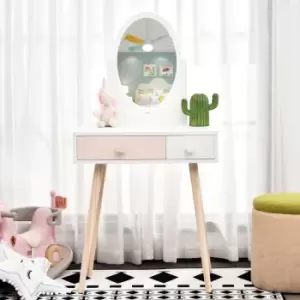 Kids Dressing Table With Mirror 2 Drawers Wood Legs Heart Handles Pink And White