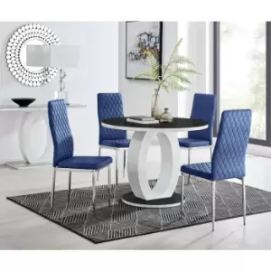 Furniturebox UK - Furniturebox Giovani Black 100cm Round Dining Table and 4 Navy Velvet Milan Dining Chairs With Silver Legss