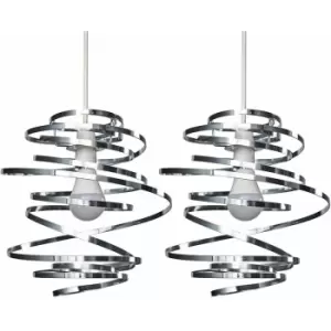 Minisun - 2 x Chrome Metal Double Ribbon Spiral Swirl Ceiling Light Shades - No Bulbs