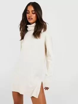 Boohoo Roll Neck Jumper Dress - Stone, Cream, Size 12, Women