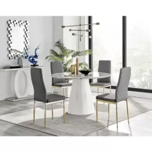 Furniturebox Palma White Marble Effect 120cm Round Minimalist Dining Table & 4 Grey Milan Gold Leg Faux Leather Chairs