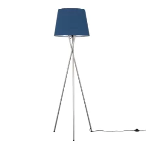 Camden Brushed Chrome Tripod Floor Lamp with XL Navy Blue Aspen Shade