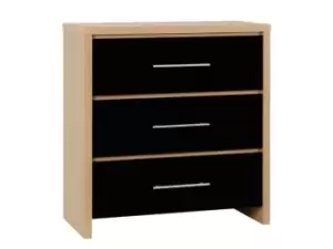 Seconique Seville Black High Gloss and Oak 3 Drawer Chest of Drawers