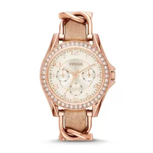 Fossil Womens Riley Multifunction Rose-Tone & Sand Leather Watch - Beige