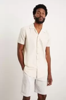 Slim Fit Stone Short Sleeve Seersucker Revere Shirt