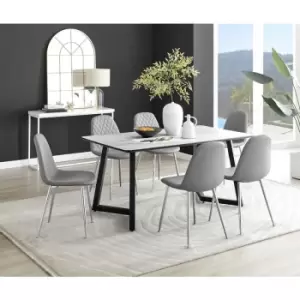 Furniturebox UK - Furniturebox Carson White Marble Effect Rectangular 160cm Dining Table & 6 Grey Corona Faux Leather Dining Chairs with Silver Legs