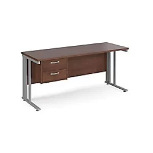 Rectangular Straight Desk Walnut Wood Cable Managed Legs Silver Maestro 25 1600 x 600 x 725mm 2 Drawer Pedestal