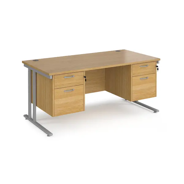 Maestro 25 straight desk 1600mm x 800mm with two x 2 drawer pedestals - silver cantilever leg frame, oak top