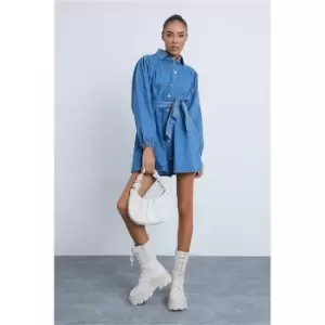 I Saw It First Puff Sleeve Belted Shirt Dress - Blue