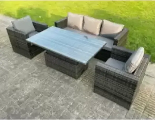 Fimous 5 Seater Outdoor Dark Grey Rattan Lounge Complete Sofa Set with Rising Table