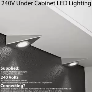 2x BRUSHED NICKEL Triangle Surface Under Cabinet Kitchen Light Kit - 240V Mains Powered - Warm White LED