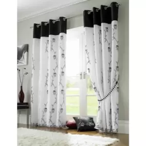 Tahiti Eyelet Curtains Embroidered Lined Voile Black/White 56x54 - White