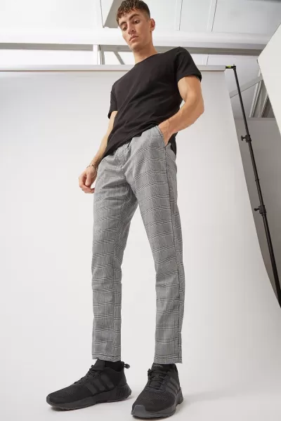 Mens Slim Dark Grey Check Pull on Trousers