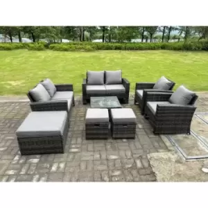 Fimous 6 Seater Outdoor Dark Grey Rattan Lounge Complete Sofa Set with 2 Stools and Big Footstool