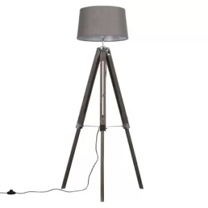 Clipper Light Wood Tripod Floor Lamp with Grey Doretta Shade