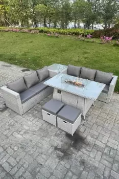 Fimous 6 Seater Outdoor Light Grey Rattan Lounge Complete Sofa Set with Gas Fire Pit, Side Table and 2 Stool