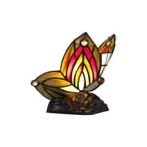 Tiffany Butterfly Table Lamp, 1 x E14, Black Base With Green, Red Glass With Clear Crystal