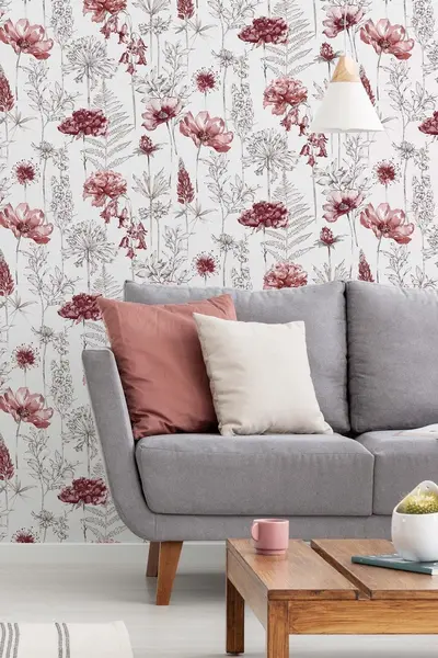 Fresco Sketch Floral Wallpaper Red