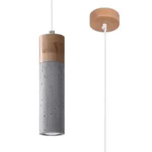 Zane Slim Pendant Ceiling Light Concrete Grey, Natural Wood