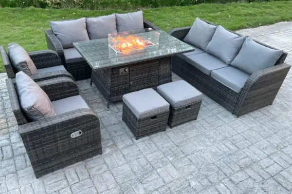 Fimous 8 Seater Outdoor Dark Grey Rattan Lounge Complete Sofa Set with Gas Fire Pit Dining Table, Gas Heater, 2 Reclining Chairs, and 2 Stools