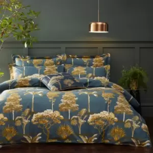 Paoletti Riva Arboretum Blue 100% Cotton Duvet Cover and Pillowcase Set Blue, Gold and White