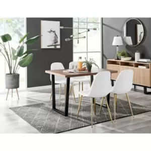 Kylo Brown Wood Effect Dining Table & 4 White Corona Faux Leather Dining Chairs with Gold Legs Diamond Stitch - White