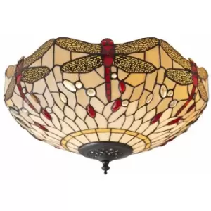 Loops - Tiffany Glass Semi Flush Ceiling Light Dragonfly Round Inverted Shade i00043