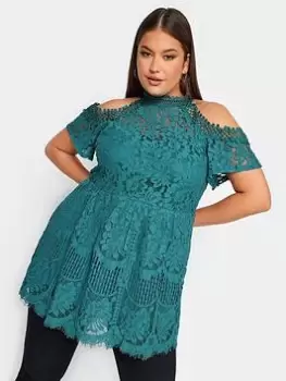 Yours Lace Cold Shoulder Top, Green, Size 18, Women