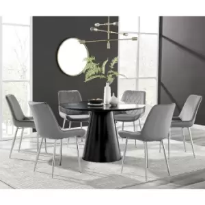 Furniturebox Palma Black Semi Gloss 120cm Round Minimalist Dining Table & 6 Grey Pesaro Silver Chairs