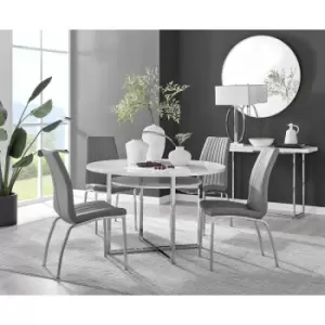 Furniturebox Adley White High Gloss 120cm Storage Dining Table & 4 Grey Isco Silver Leg Faux Leather Chairs