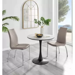 Furniture Box Elina White Marble Effect Round Dining Table and 2 Cappuccino Isco Chairs