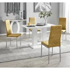 Furniturebox Imperia 4 High Gloss White Modern Dining Table and 4 Mustard Milan Faux Leather Dining Chairs With Silver Legs Diamond Stitch Modern