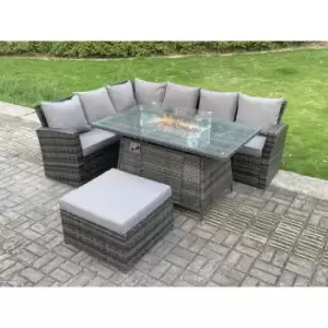 Fimous 6 Seater Outdoor Dark Grey Rattan Lounge Complete Sofa Set with Gas Fire Pit and Big Footstool