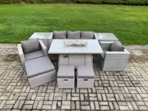 Fimous 5 Seater Outdoor Light Grey Rattan Lounge Sofa Complete Set with Gas Fire Pit, 2 Stools and Big Footstool