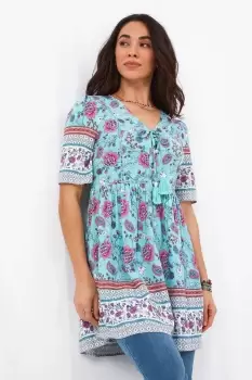 Floral Print Lace Insert Short Sleeve Tunic Dress