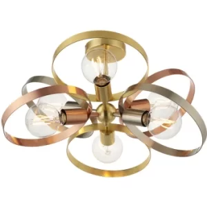 Multi Arm Semi Flush Ceiling Light Satin Brass, Brushed Copper Plate