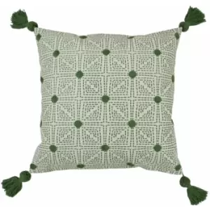 Furn - Chia Tufted Geometric Pom Pom Tassel Cushion Cover, Sage, 50 x 50 Cm