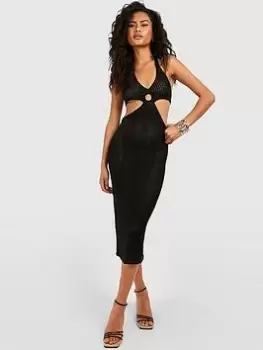 Boohoo Ring Cut Out Crochet Midi Dress - Black, Size S, Women