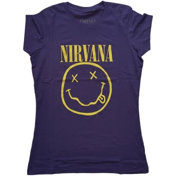 Nirvana - Yellow Smiley Womens Small T-Shirt - Purple