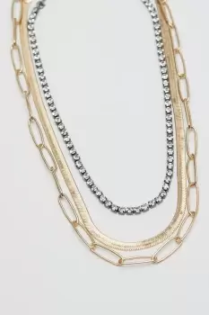 Two Tone Crystal And Chain Layered Necklace - Pack of 3