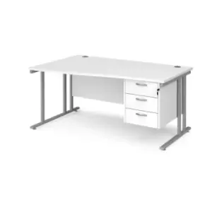 Office Desk Left Hand Wave Desk 1600mm With Pedestal White Top With Silver Frame Maestro 25 MC16WLP3SWH