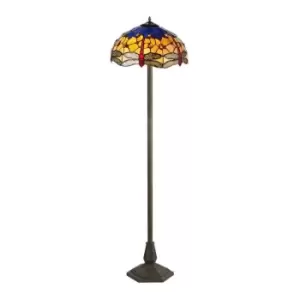 Luminosa Lighting - 2 Light Octagonal Floor Lamp E27 With 40cm Tiffany Shade, Blue, Orange, Crystal, Aged Antique Brass