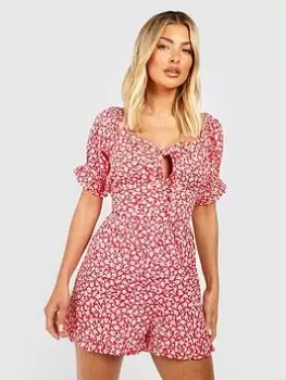 Boohoo Floral Puff Sleeve Playsuit - Red, Size 8, Women