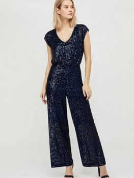 Monsoon Leila Sequin V Neck Jumpsuit - Navy, Size 16, Women