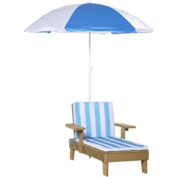 Wooden Kids Lounge Chaise with Foldable Adjustable Parasol Cushion Outdoor Patio Garden Furniture Blue 90 x 59 x 53cm - Outsunny