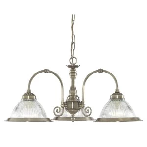 3 Light Multi Arm Ceiling Pendant Antique Brass, Ribbed Glass, E27