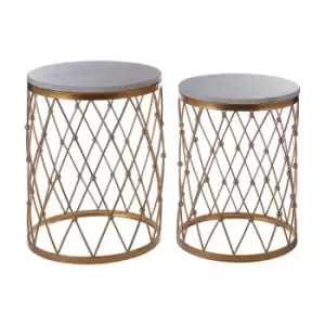 Set of 2 Nest Tables with White Marble Tops and Gold Finish Metal